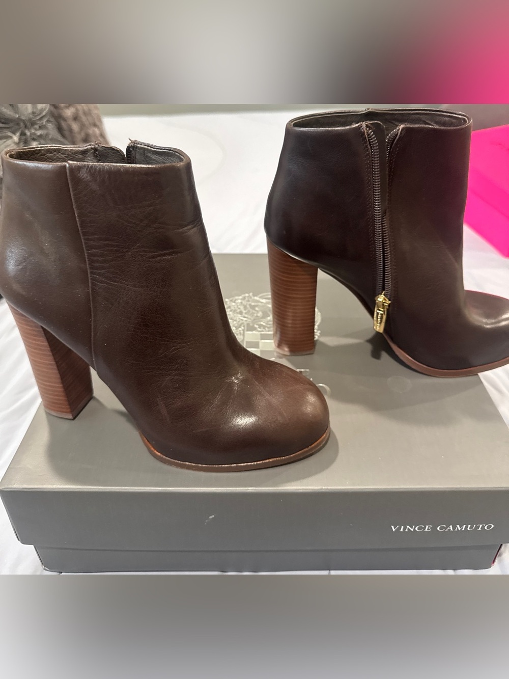 Vince Camuto Dark Brown Leather Block Heel Ankle Boots